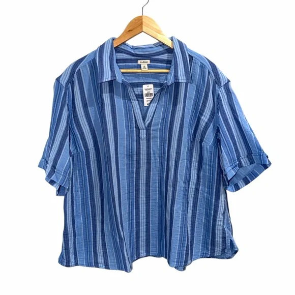 L.L. Bean NWT Coastal Cloud Gauze Polo Blue Striped Blouse Size 2X PLUS - Picture 3 of 6